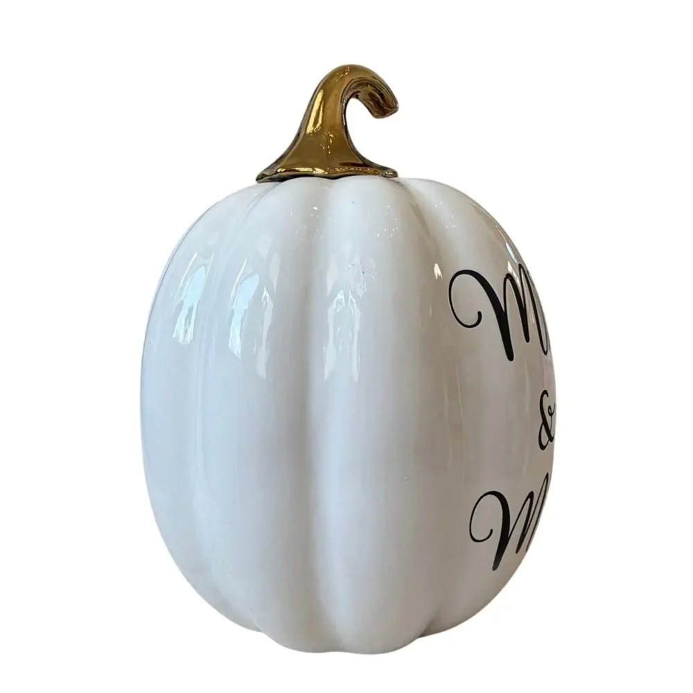 Martha Stewart MR. & MRS. Ceramic Pumpkin White Gold Stem 13in Fall Decor NEW